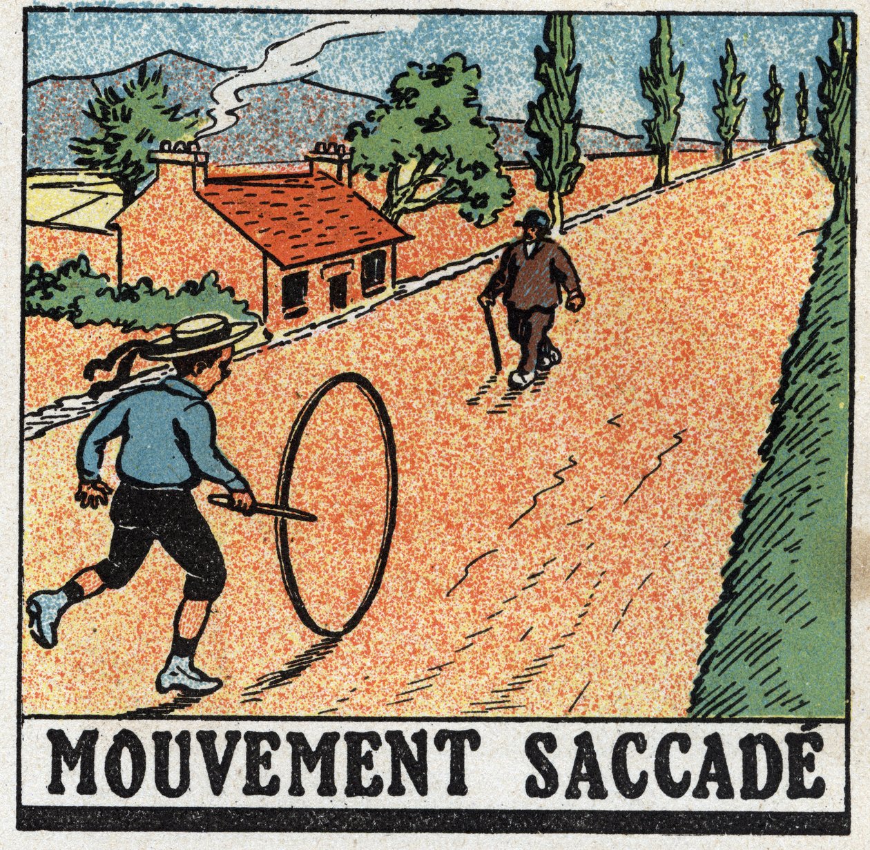 Movimientos: movimiento brusco. Un niño jugando con un aro. Ilustración anónima de 1925. Colección privada. de Anonymous Anonymous