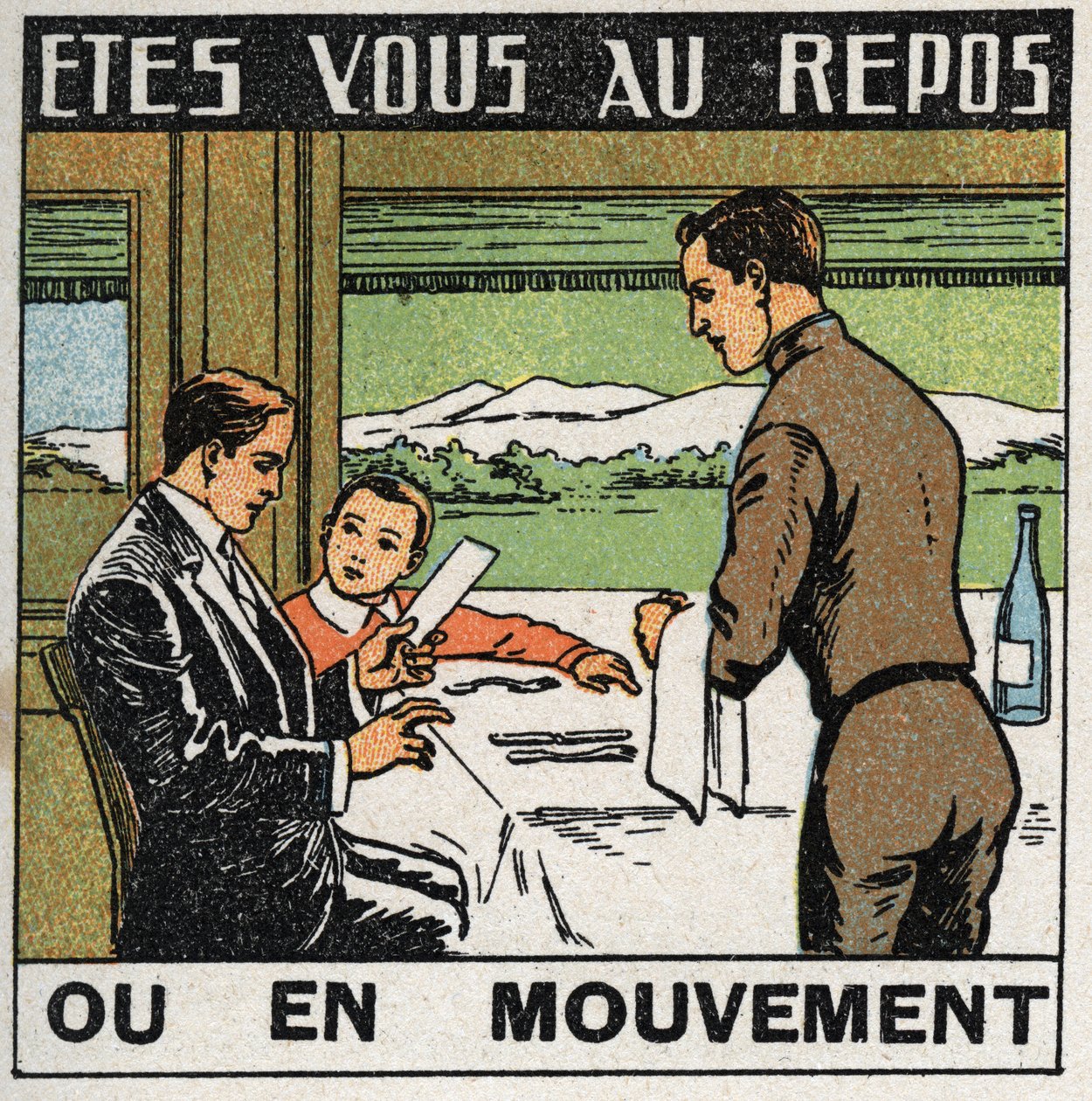 Movimientos: escena en el restaurante de un tren donde los pasajeros no se mueven mientras el tren avanza. Ilustración anónima de 1925. Colección privada. de Anonymous Anonymous