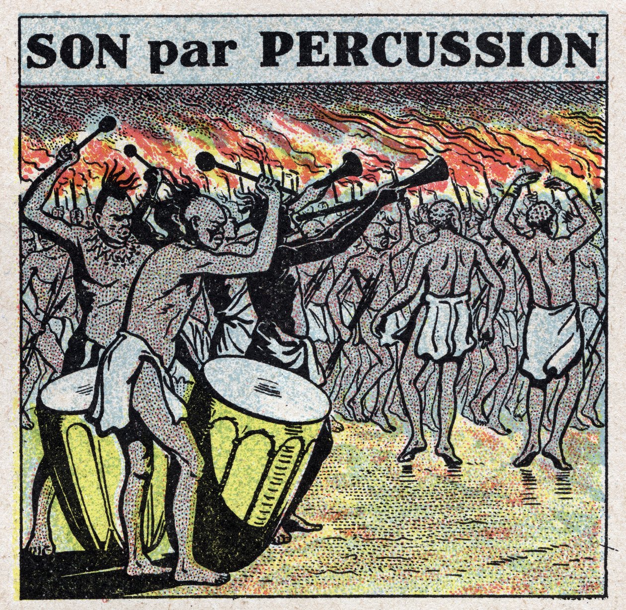 Instrumentos musicales: percusionistas en una aldea africana. Ilustración anónima de 1925. Colección privada. de Anonymous Anonymous
