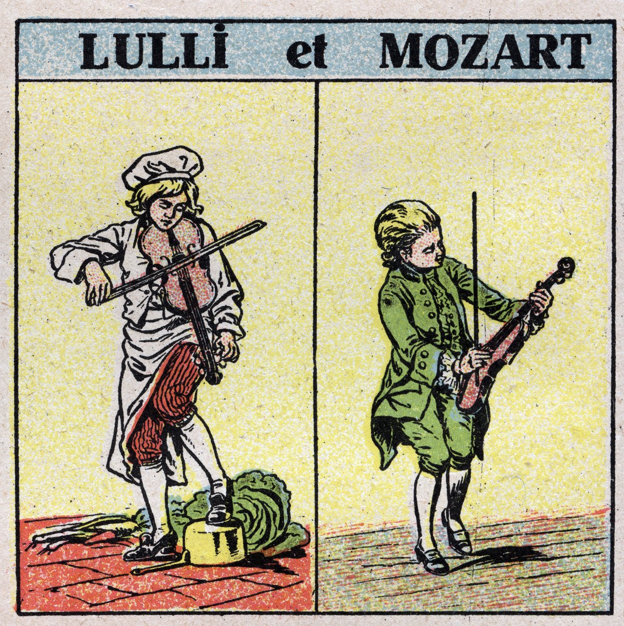 Instrumentos musicales: instrumentos de cuerda frotada. Jean Baptiste Lully (Giovanni Battista Lulli) (1632-1687) y Wolfgang Amadeus Mozart (1756-1791) tocando el violín. Ilustración anónima de 1925. Colección privada. de Anonymous Anonymous