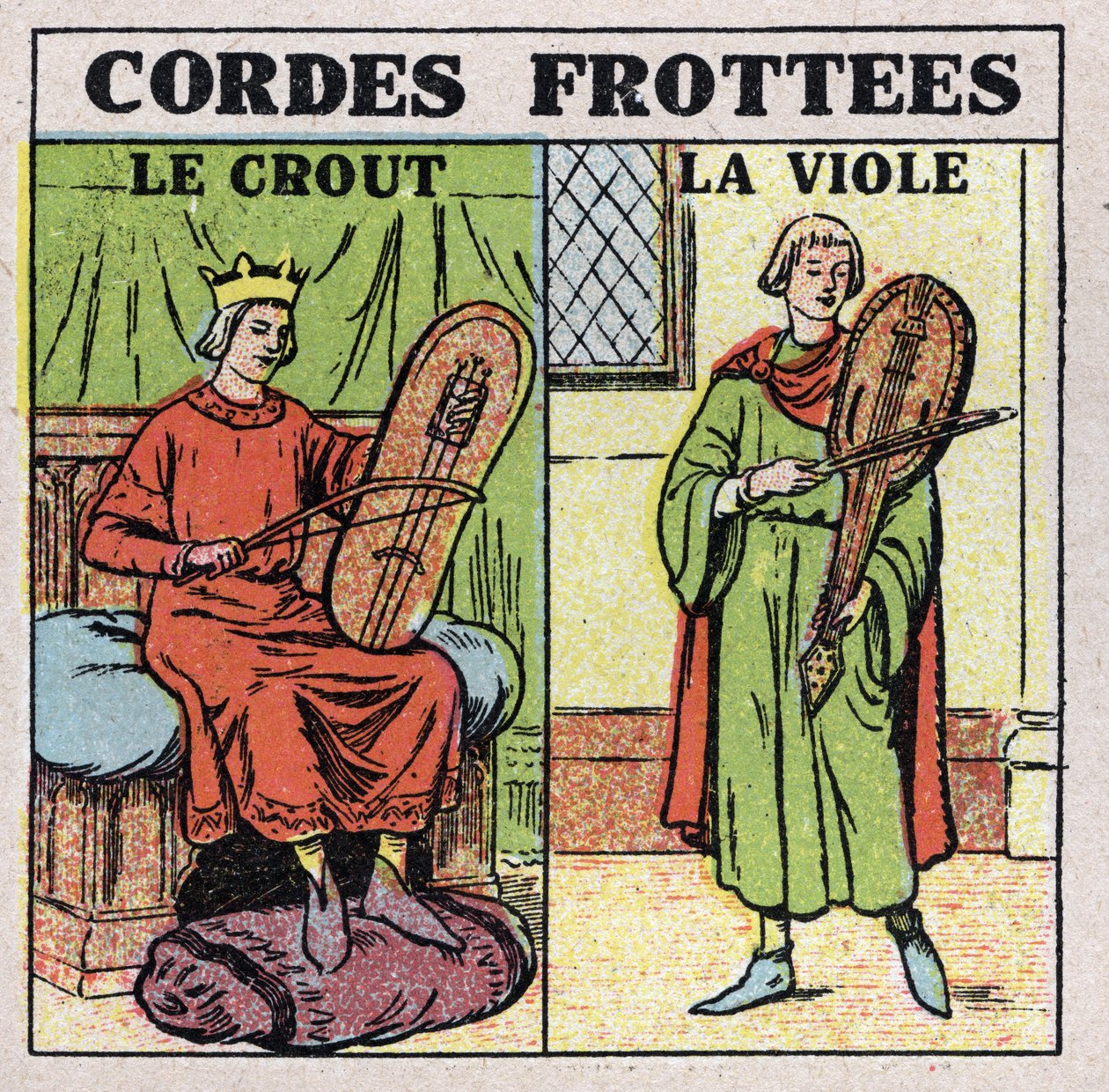 Instrumentos musicales: instrumentos de cuerda frotada. Jugadores de crout y rapes en la Edad Media. Ilustración anónima de 1925. Colección privada. de Anonymous Anonymous