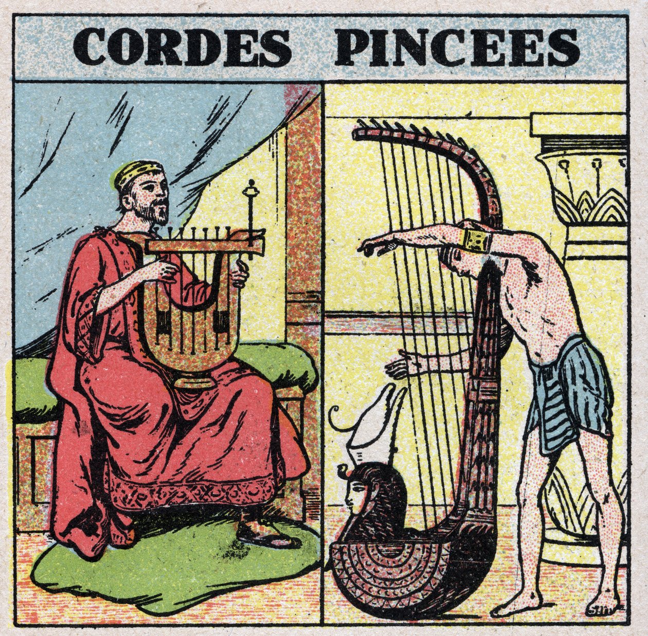 Instrumentos musicales: instrumentos de cuerda tensada. Jugadores de lira y arpa en la antigüedad. Ilustración anónima de 1925. Colección privada. de Anonymous Anonymous