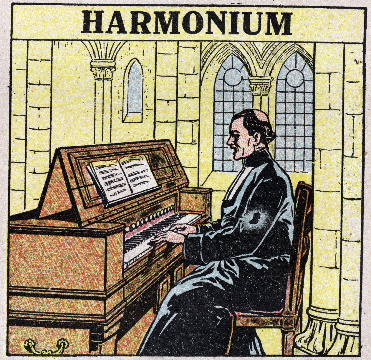 Instrumentos musicales: instrumentos de viento en la cadera. Jugador de armonio en una iglesia. Ilustración anónima de 1925. Colección privada. de Anonymous Anonymous