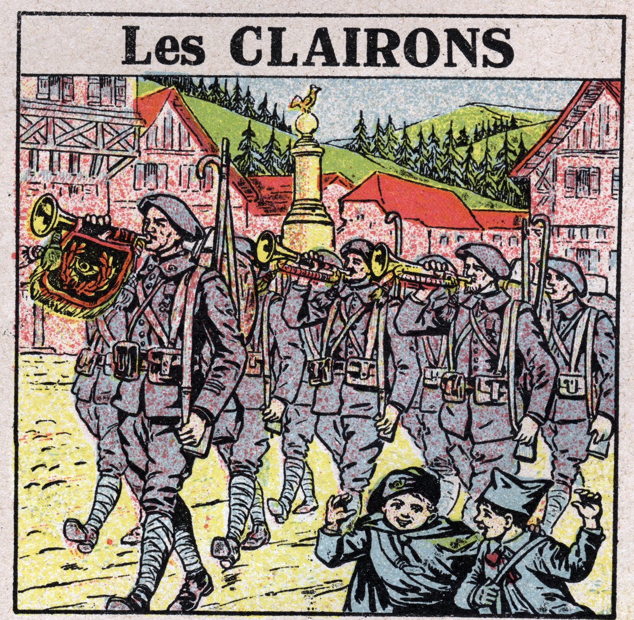 Instrumentos musicales: instrumentos de viento con boquilla de jarra. Trompetistas durante una carrera militar. Ilustración anónima de 1925. Colección privada de Anonymous Anonymous