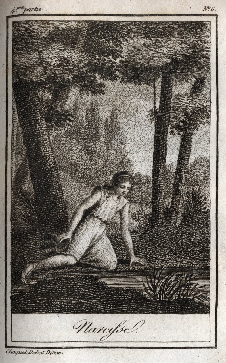 Narciso contemplando su reflejo (Narciso) Grabado de 1819 en 