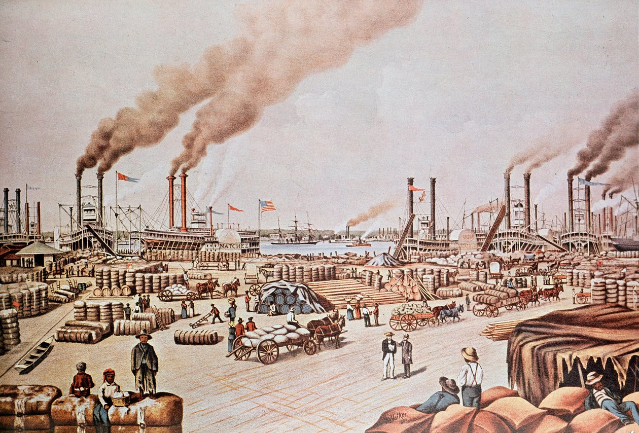 Muelle del puerto de Nueva Orleans (Estados Unidos): Carga de algodón. 1876. Colección privada. de Anonymous Anonymous