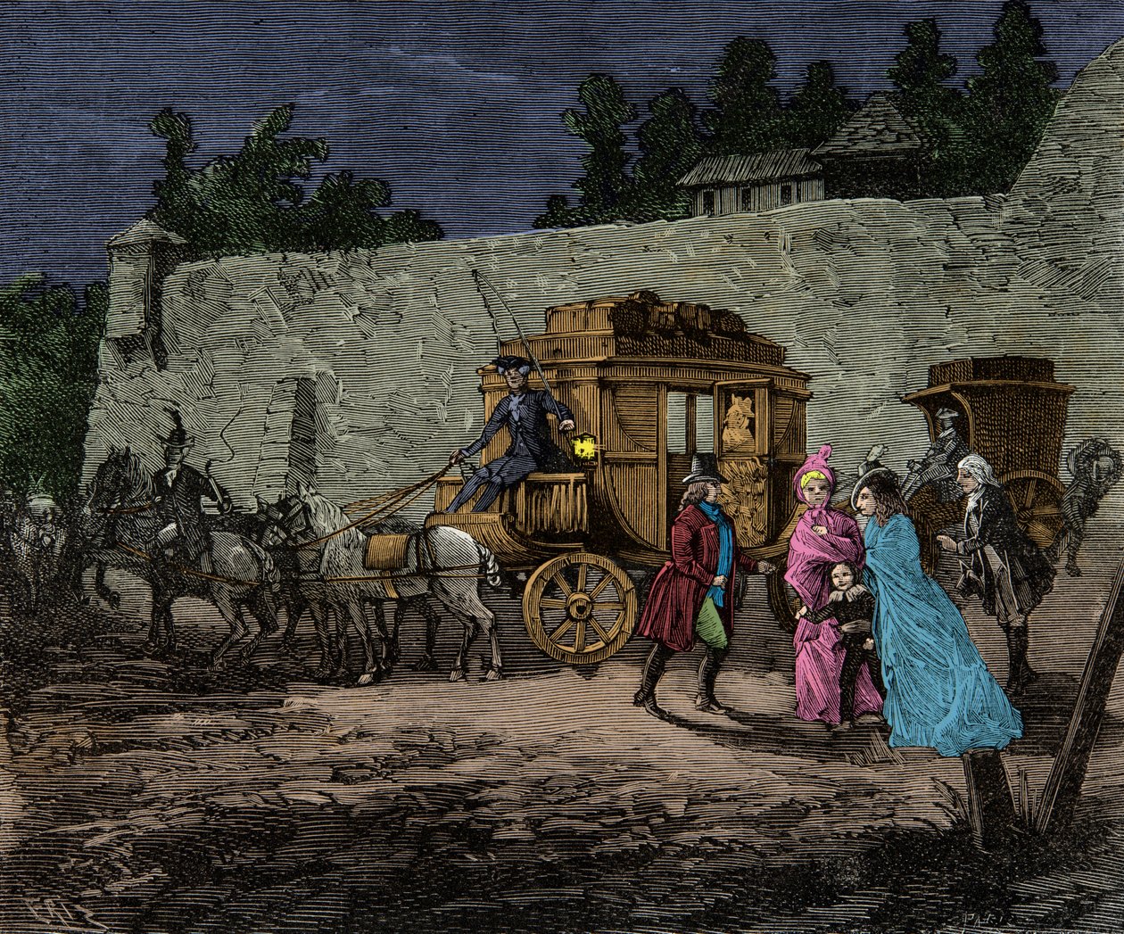 Vuelo nocturno de la familia real a Varennes en 1791, grabado, colección privada de Anonymous Anonymous