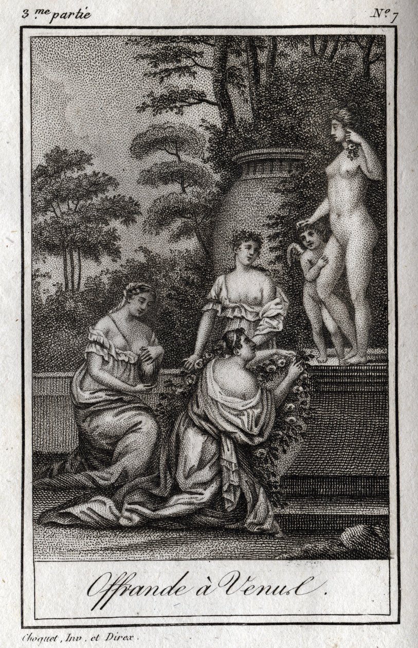 Ofrenda a Venus. Pequeños amores (angelitos) se reúnen para rendir homenaje a la diosa Afrodita. Grabado de 1819 en “Cartas a Emilie sobre la mitología” por Charles Albert Demoustier (1760-1801). Colección privada. de Anonymous Anonymous