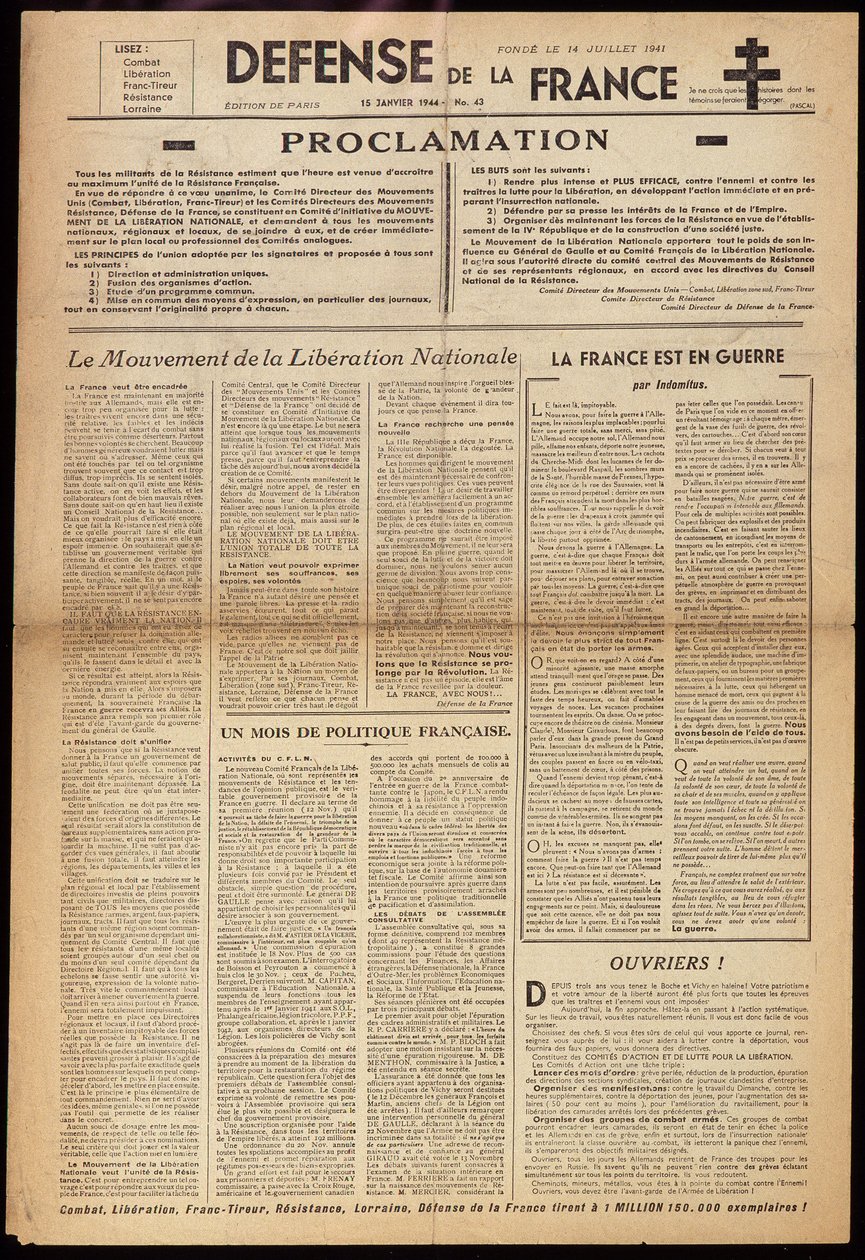 Uno de los periódicos clandestinos “Defensa de Francia” del 15/01/1944 de Anonymous Anonymous