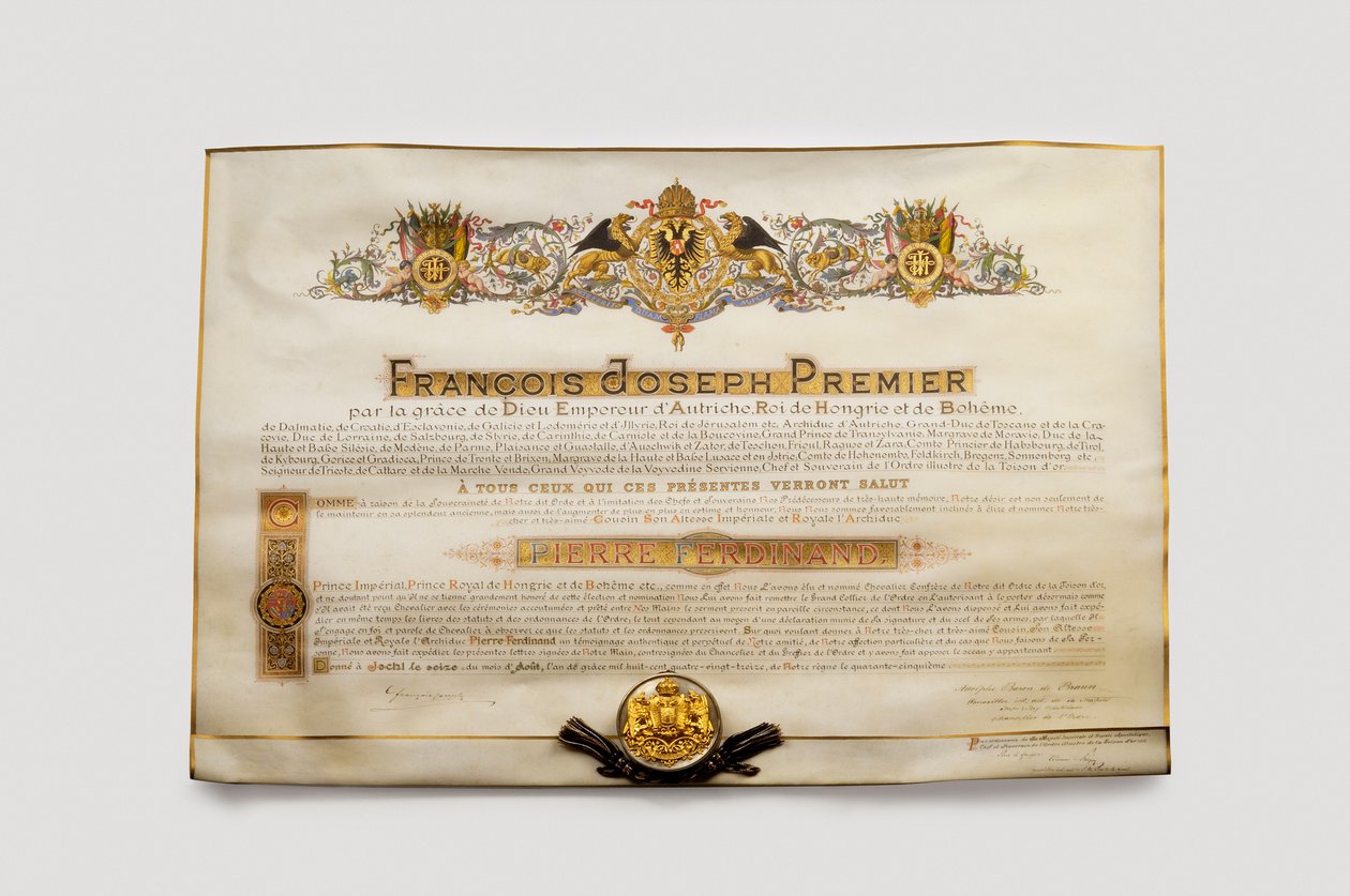 Orden del Toisón de Oro: El Toisón de Oro Austriaco - Diploma de admisión a la Orden del Toisón de Oro por Pierre Ferdinand (Pierre-Ferdinand) (1874-1948), Archiduque de Austria de Anonymous Anonymous