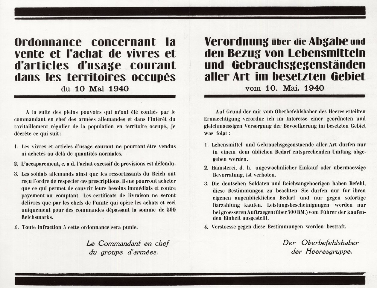 Ordenanza sobre la venta y compra de alimentos y artículos de uso común en los territorios ocupados - cartel bilingüe franco-alemán de Anonymous Anonymous