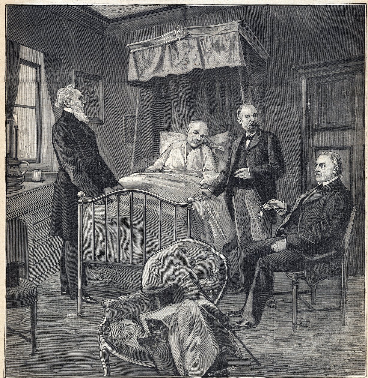 Escándalo de Panamá: La cámara de Cornelius Herz (1845-1898) médico y empresario franco-estadounidense en Bournemouth: visita del Dr. Jean Martin Charcot (1825-1893), médico clínico y neurólogo, y Paul Brouardel (1837-1906) - Grabado en de Anonymous Anonymous