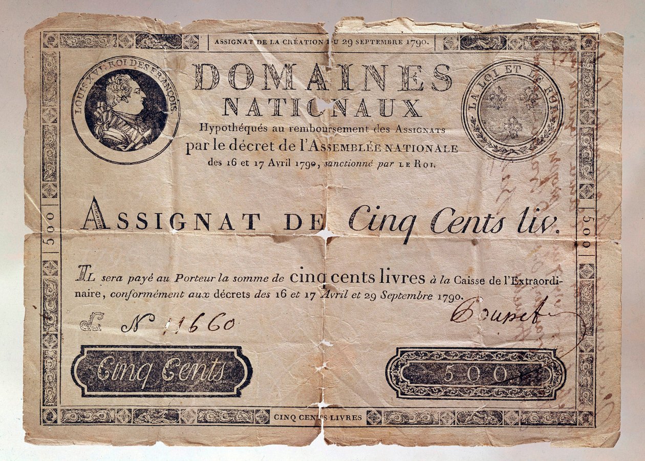 Papel emitido durante la Revolución Francesa: una asignación de 500 libras de 1790. Colección privada de Anonymous Anonymous