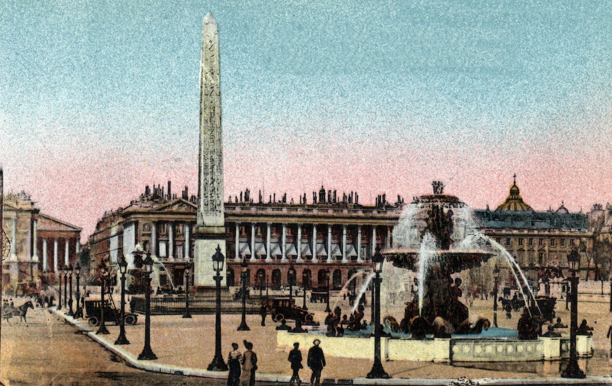 París: vista de la Place de la Concorde con las fuentes y el Obelisco. Fotografía de 1920 en el 