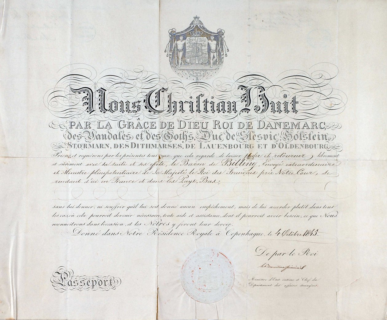 Pasaporte del Rey de Dinamarca Christian VIII fechado en 1845. de Anonymous Anonymous