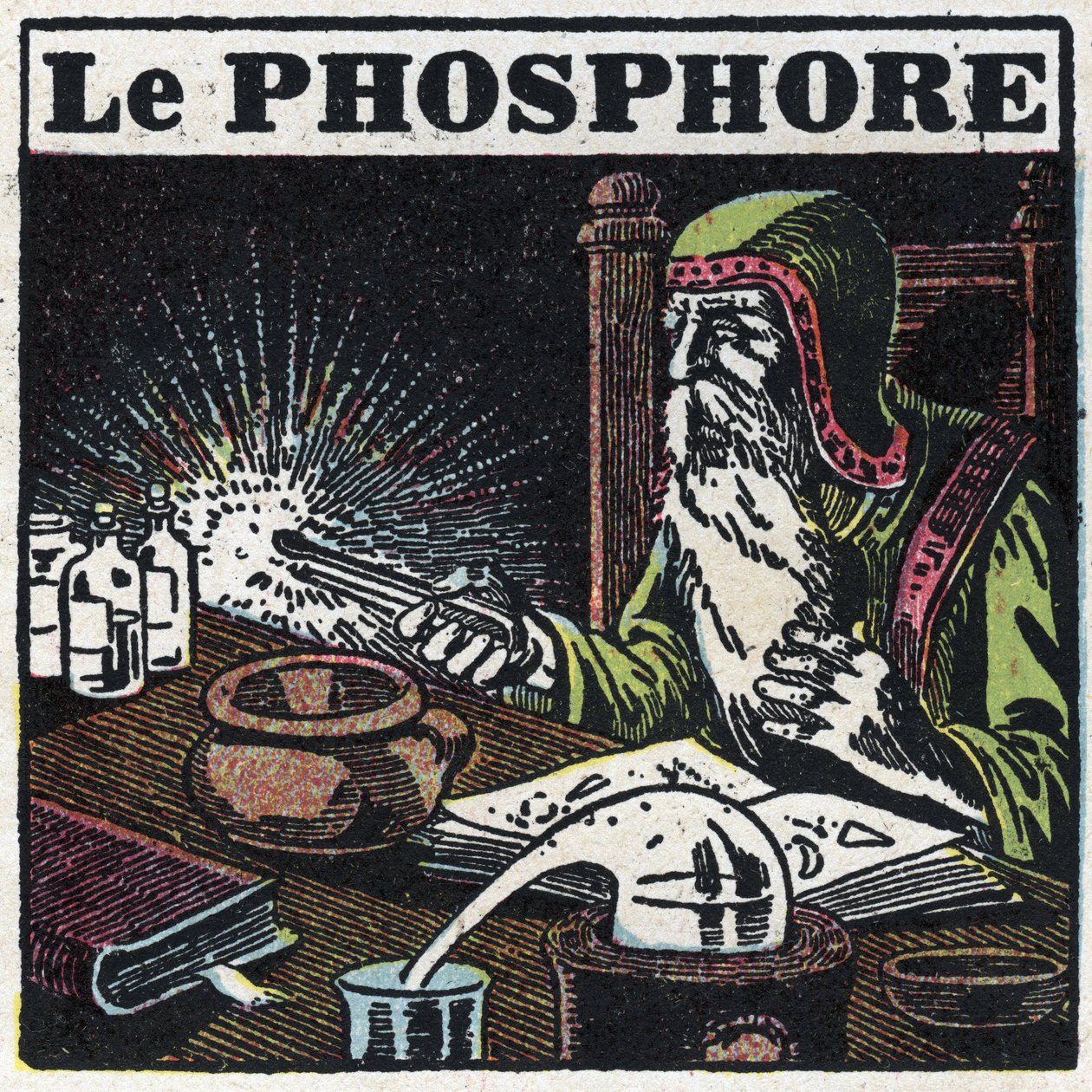 Fosforescencia: fósforo. Un alquimista buscando la piedra filosofal en su laboratorio. Ilustración anónima de 1925. Colección privada. de Anonymous Anonymous
