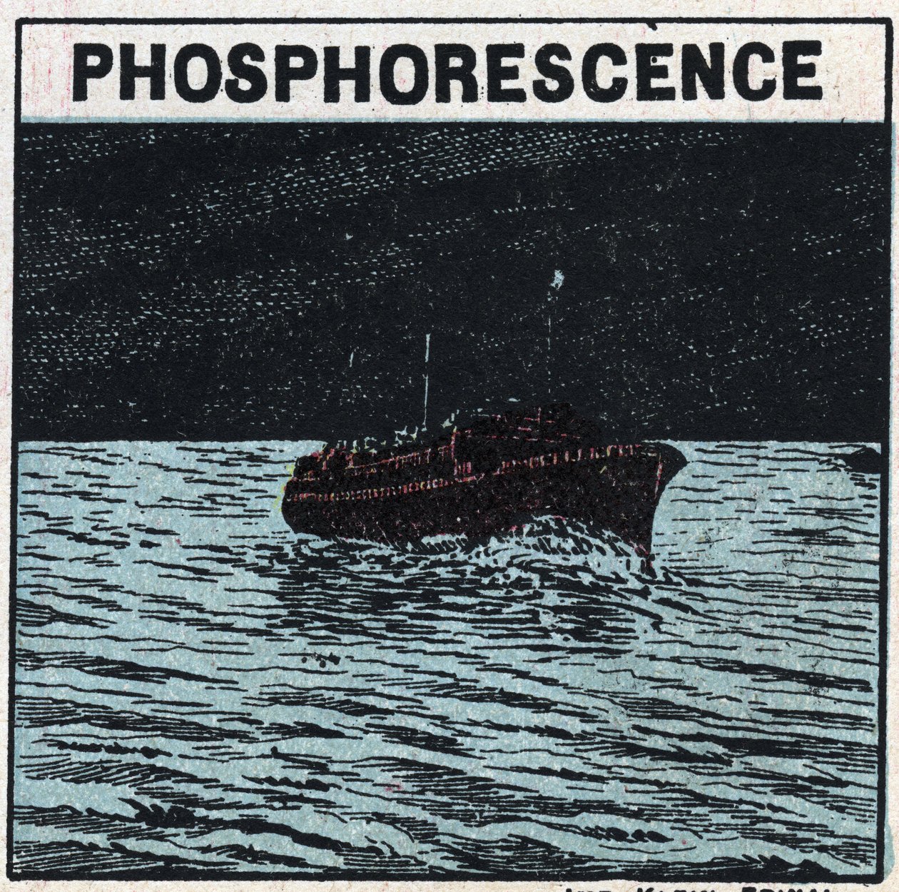 Fosforescencia: la estela de un barco deja una marca luminosa por la noche cuando pasa en medio de un banco de animales fosforescentes llamados infusorios noctilucas. Ilustración anónima de 1925. Colección privada. de Anonymous Anonymous