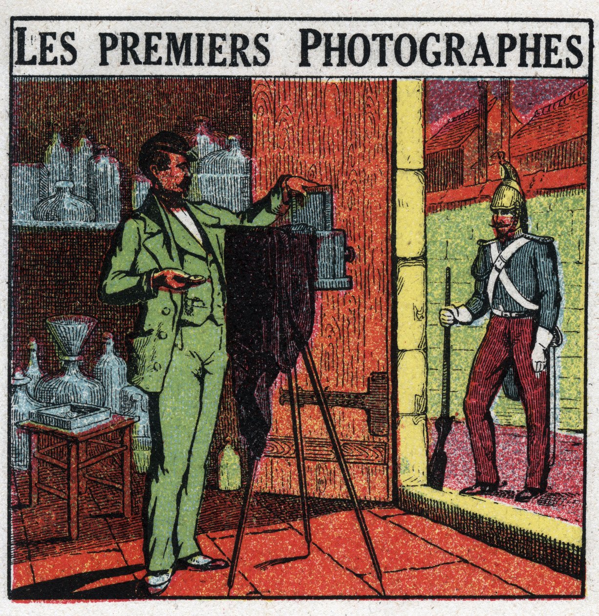 Fotografía: los primeros fotógrafos del siglo XIX. Fotógrafo retratando a un soldado en su estudio. Ilustración anónima de 1925. Colección privada. de Anonymous Anonymous