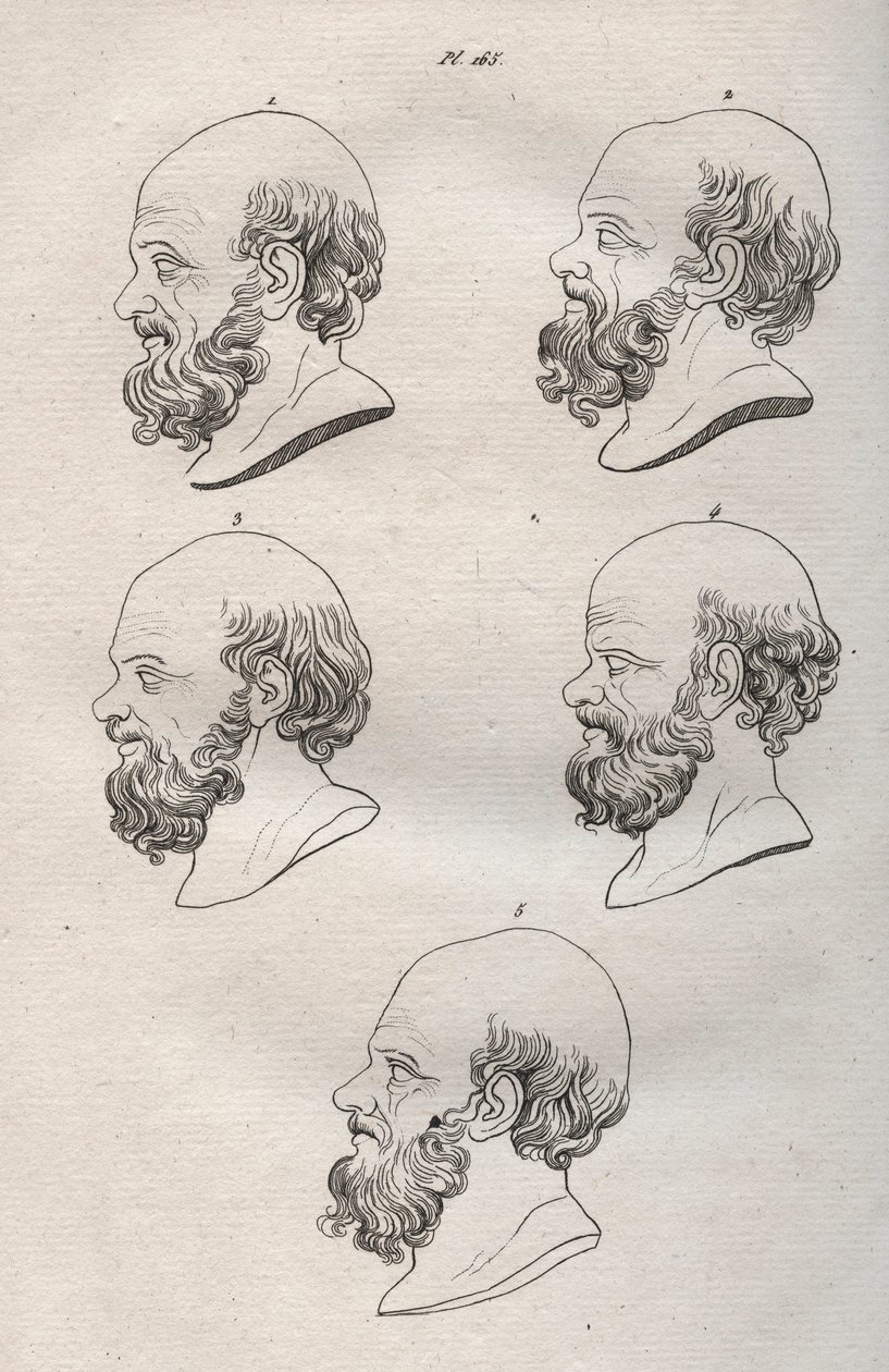 Fisionomía - Fisionomía - Varias cabezas del filósofo griego Sócrates (ca. 469 a.C.-399 a.C.) (Busto de Sócrates (ca 469 a.C.-399 a.C.), filósofo ateniense) grabado de 1808 en “El arte de conocer a los hombres a través de la fisionomía” por Johann Gaspar ( de Anonymous Anonymous