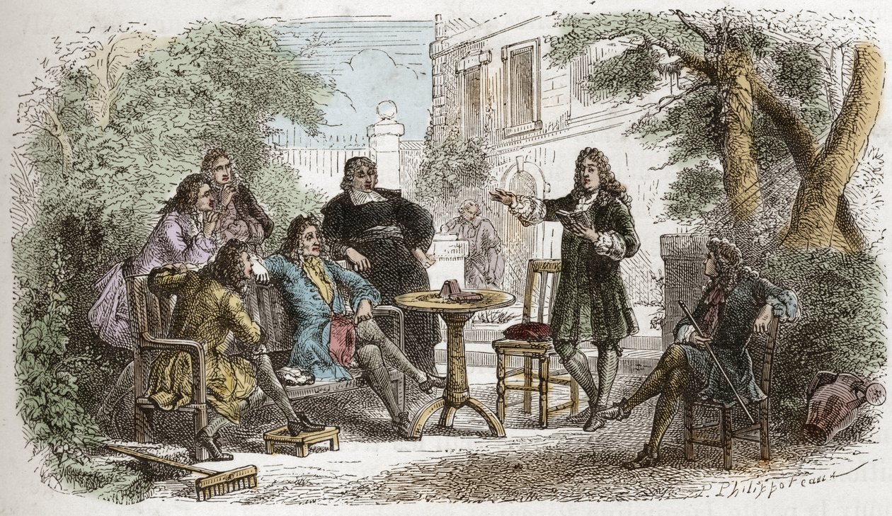 Pierre Corneille (1606-1684) - Corneille leyendo a Luis XIV - grabado de "L