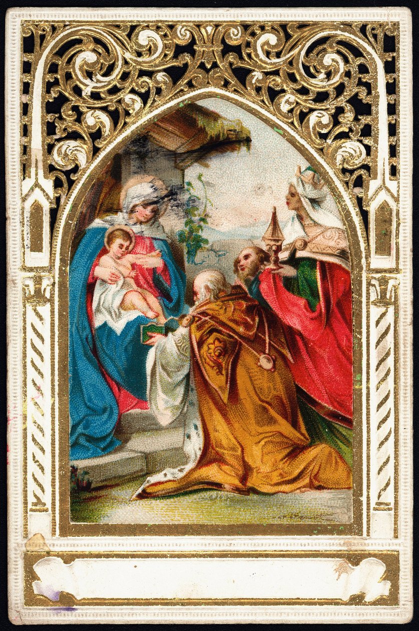 Imagen piadosa: "Adoración de los Magos". Tarjeta dentada. Cromolitografía de principios del siglo XX. Colección privada de Anonymous Anonymous