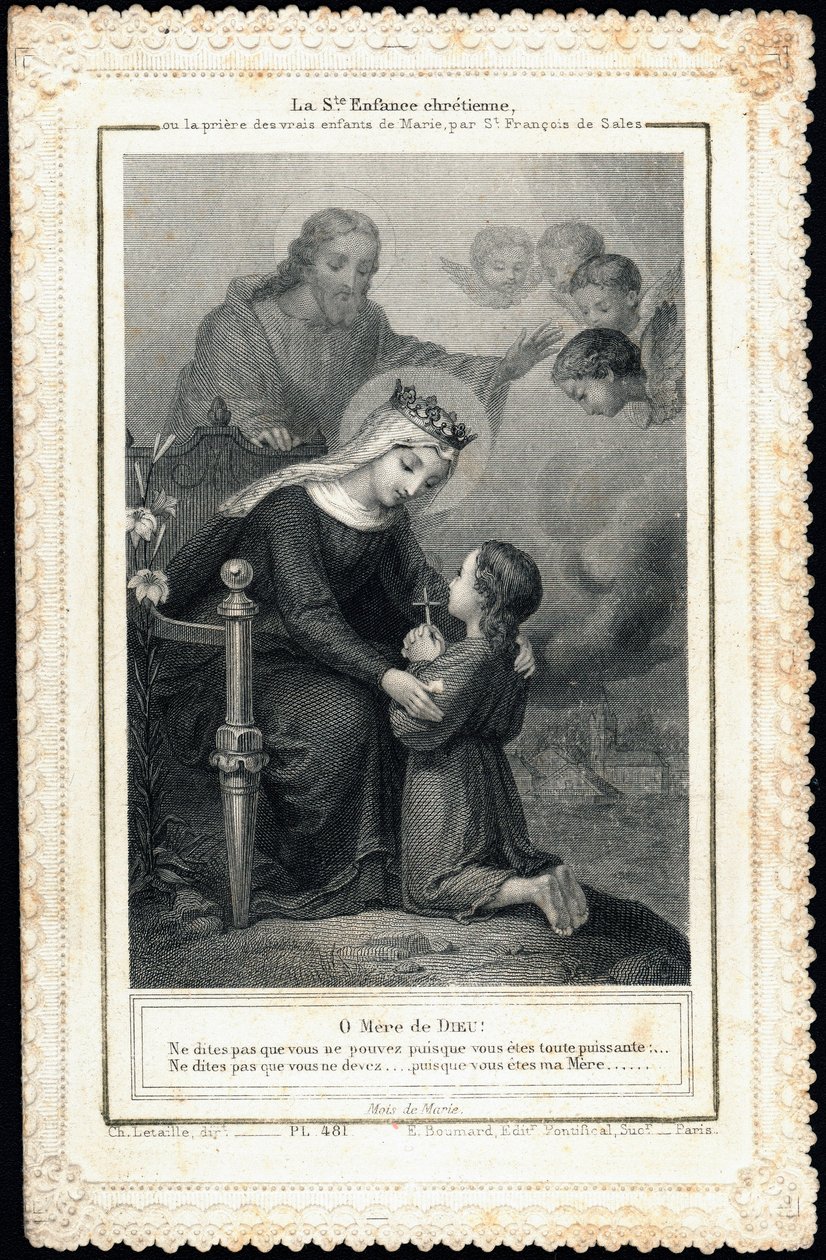 Imagen piadosa: Santa infancia cristiana, o la oración de los verdaderos hijos de María, por San Francisco de Sales. Tarjeta dentada. Colección privada de Anonymous Anonymous
