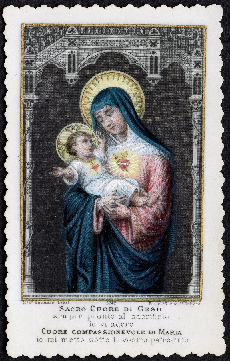 Imagen piadosa: Jesús niño en los brazos de su madre María, con el Sagrado Corazón de Anonymous Anonymous