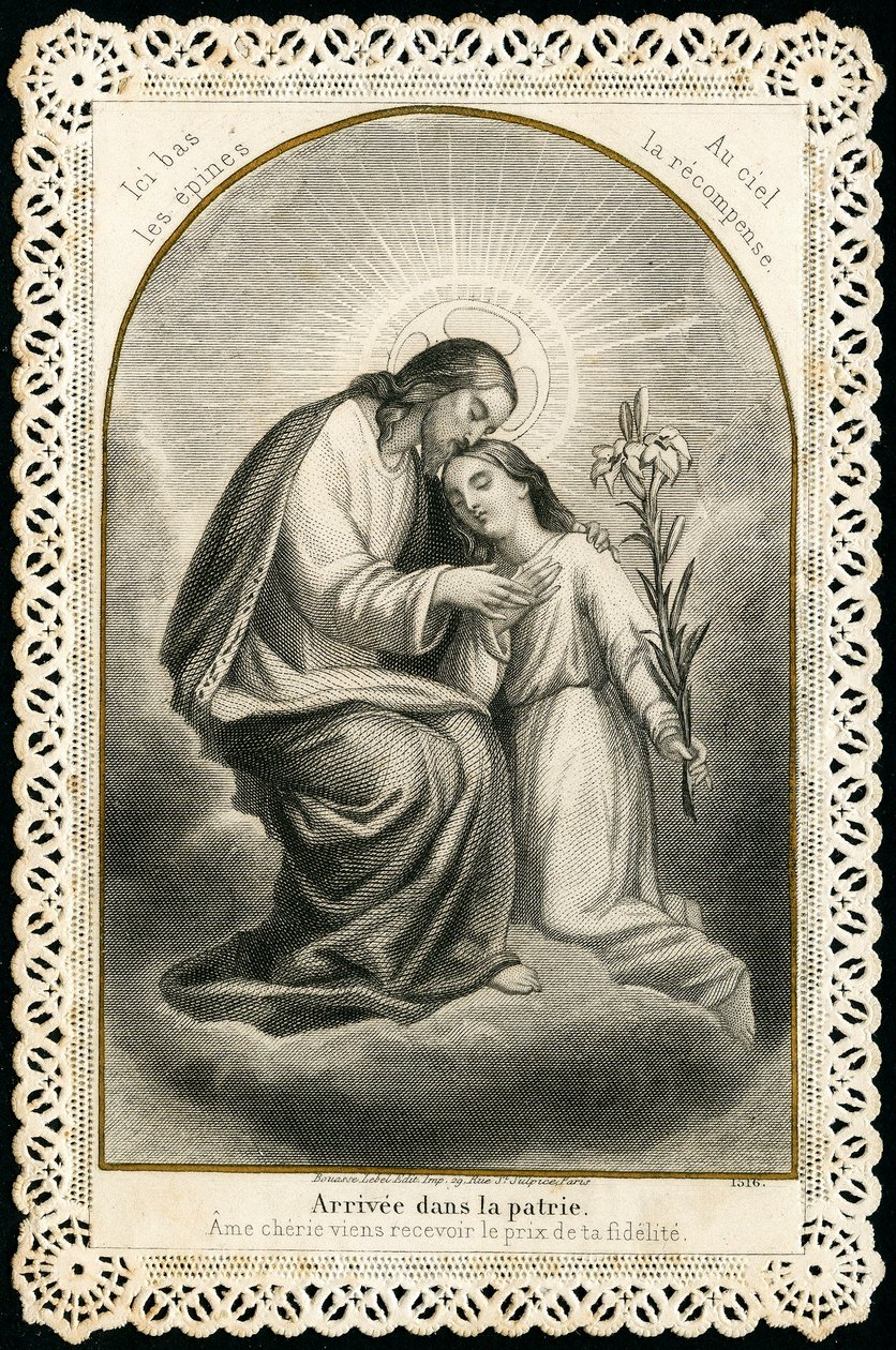 Imagen piadosa: Jesús recibiendo las almas de los fieles (grabado) de Anonymous Anonymous