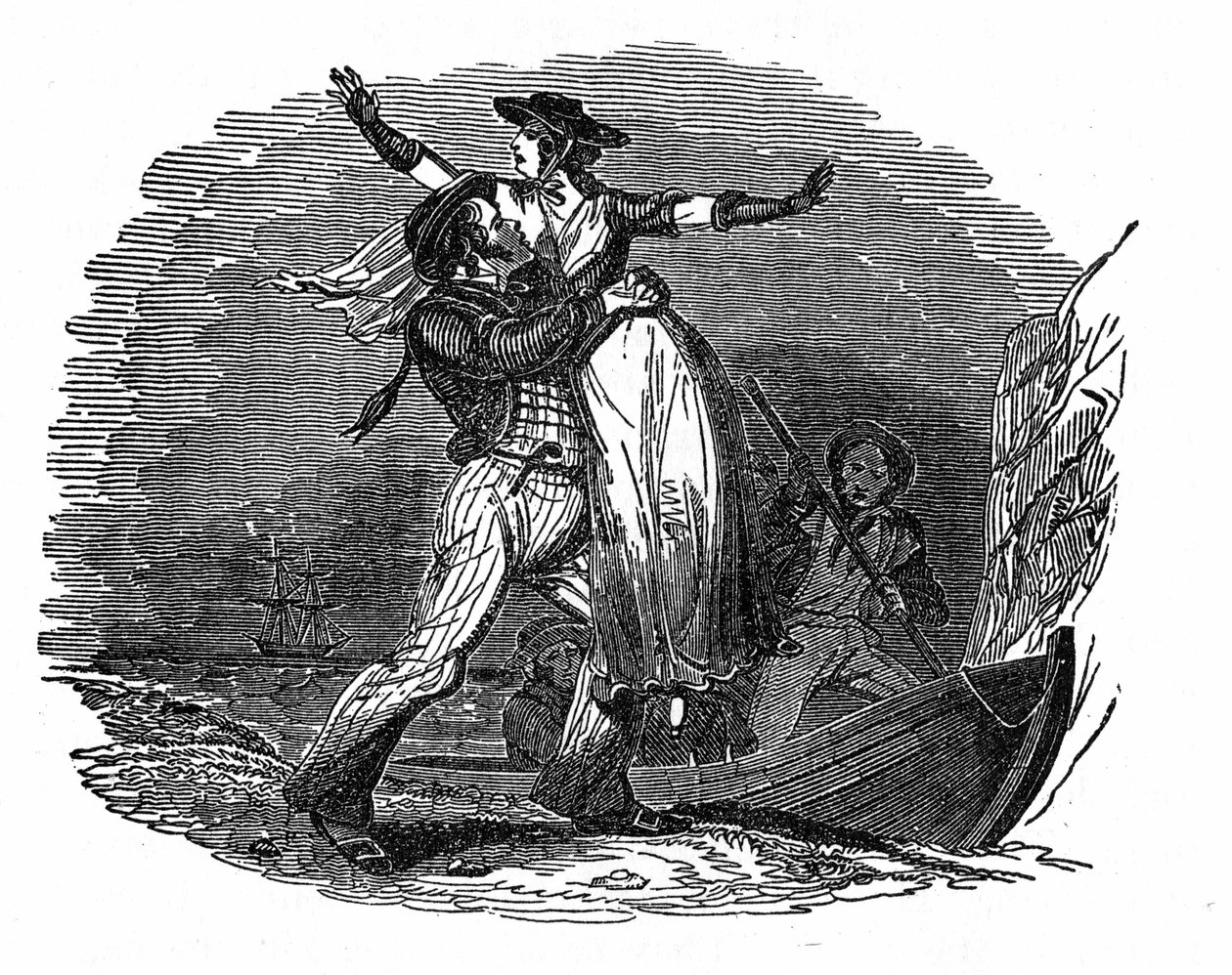 El pirata Charles Gibbs toma a una chica holandesa de su barco (principios del siglo XIX). Grabado de 