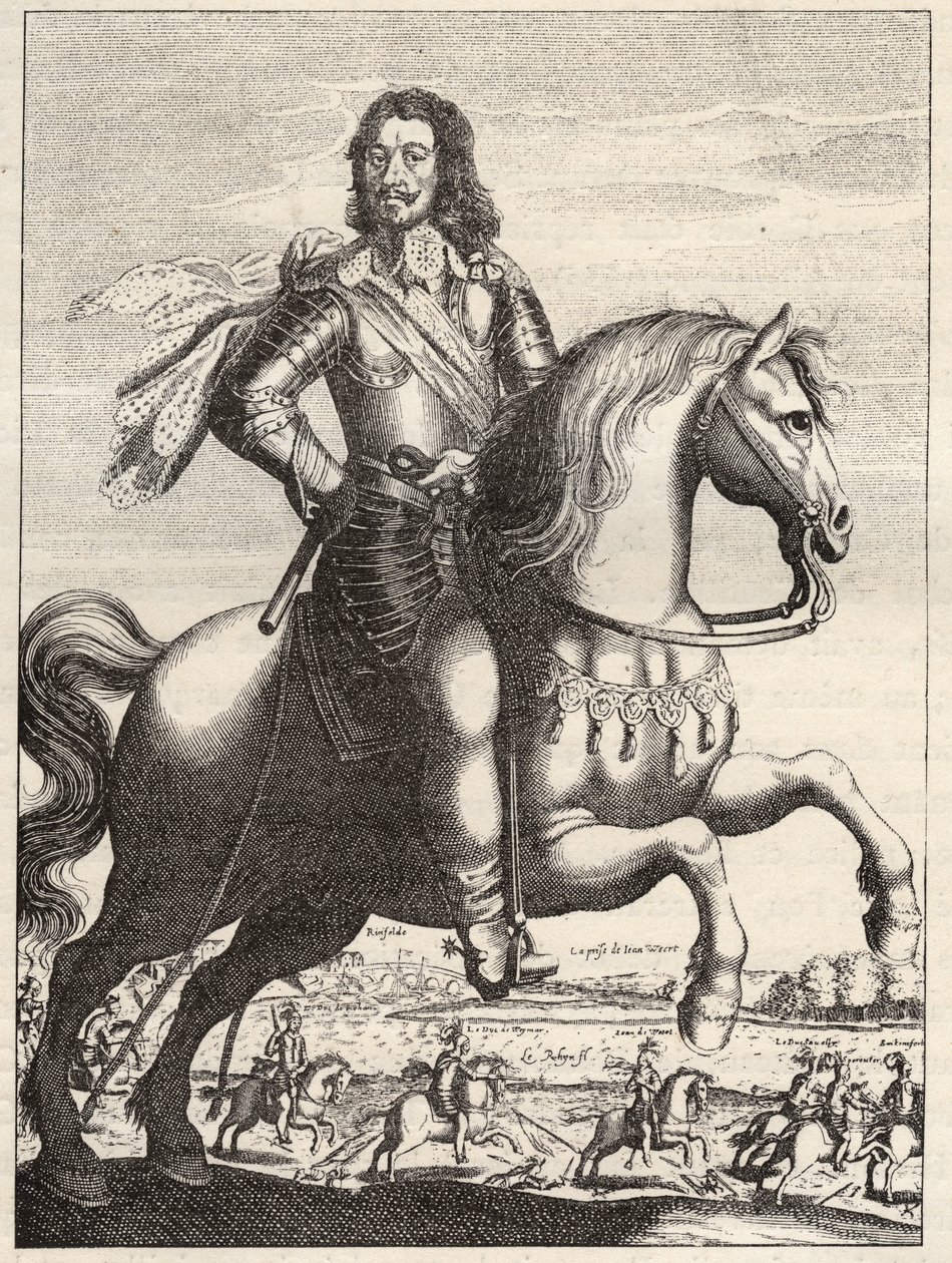 Retrato de Bernardo de Sajonia-Weimar (1604-1639) con la representación de la captura de Juan de Werth por el duque Bernardo y el duque de Rohan. Grabado del siglo XVII. Colección privada. de Anonymous Anonymous