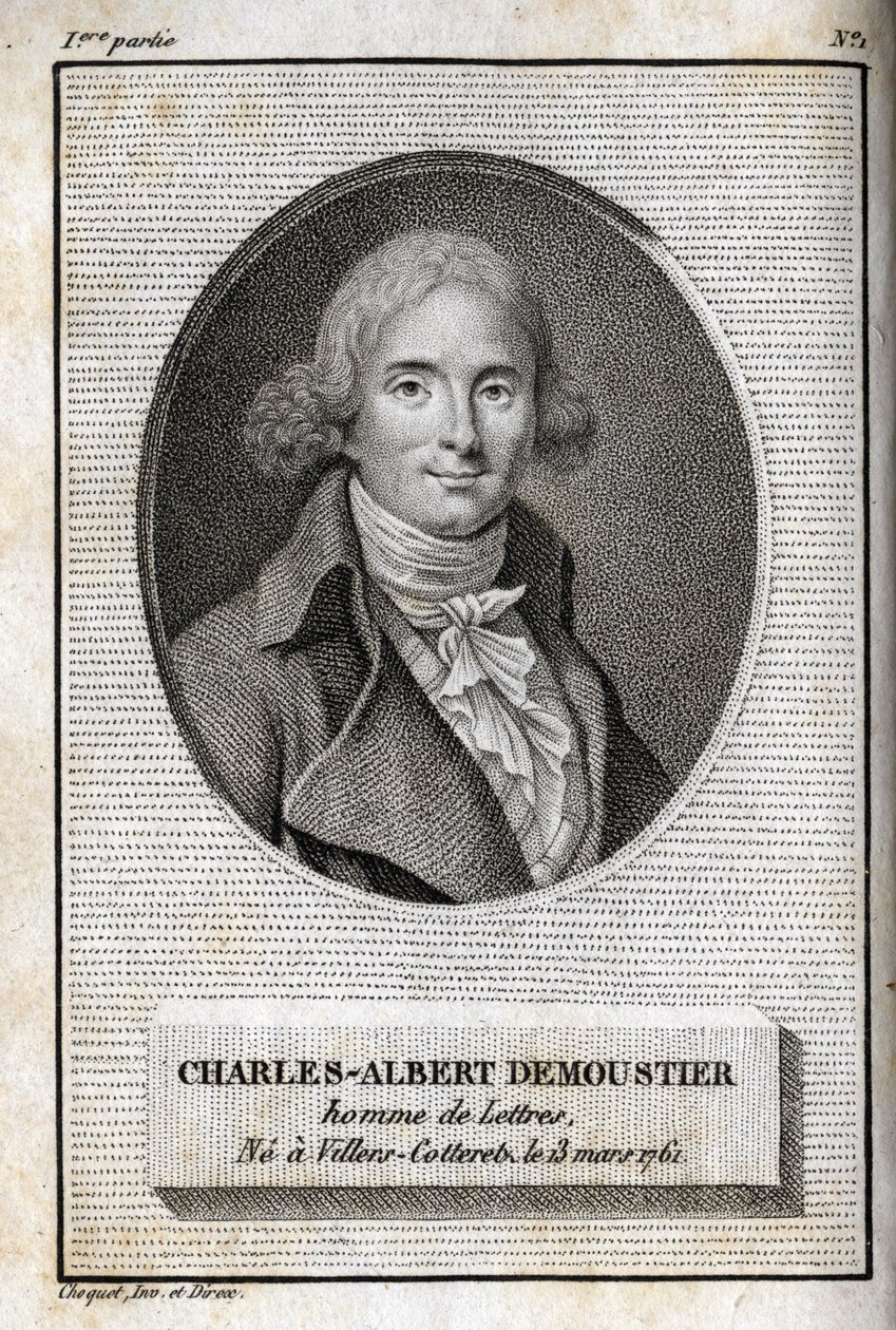 Retrato de Charles Albert Demoustier (1760-1801) escritor francés. Grabado de 1819 en “Lettres a Emilie sur la mythologie” de Charles Albert Demoustier (1760-1801). Colección privada. de Anonymous Anonymous