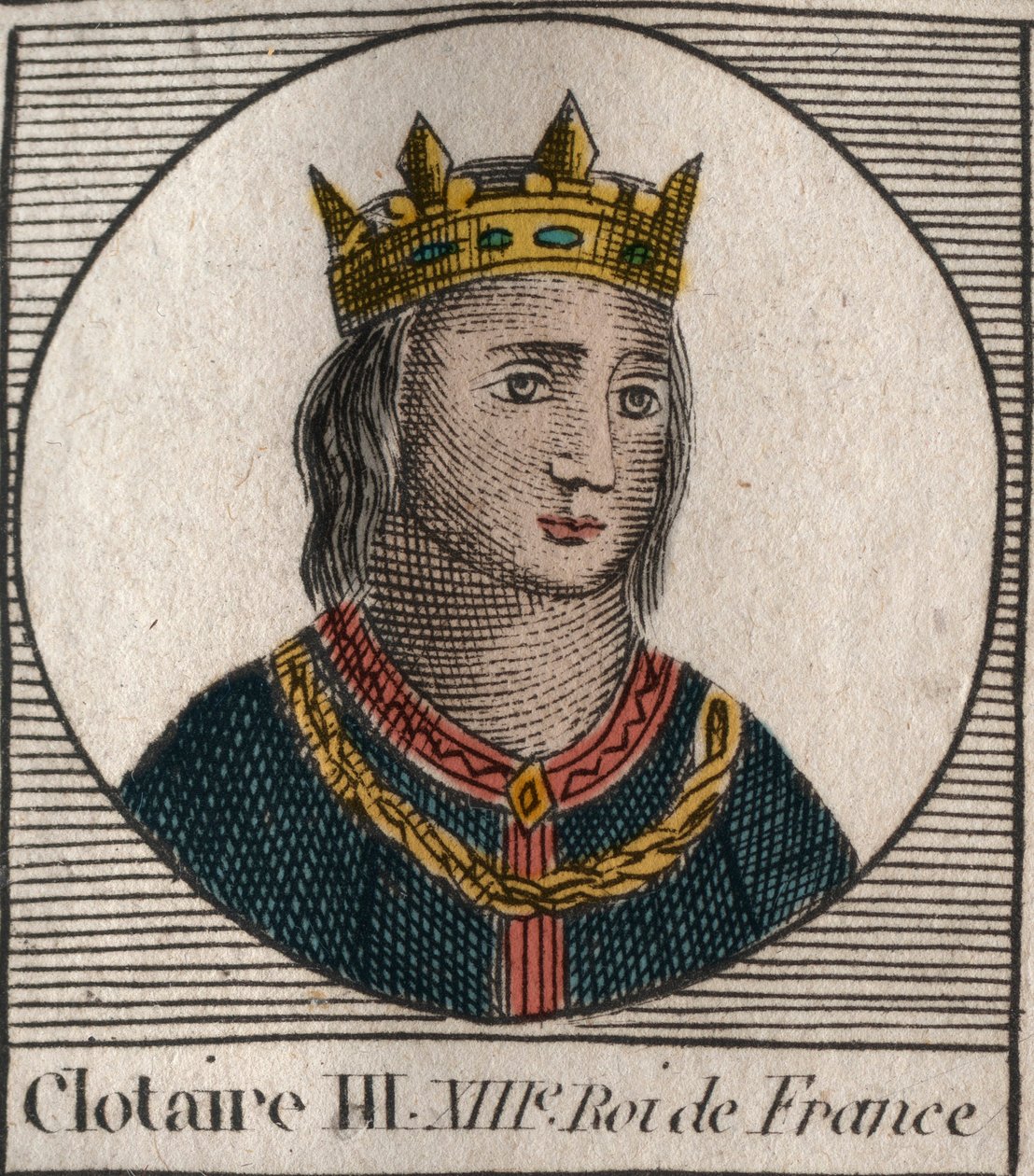 Retrato de Clotario III (652-673), Rey de Neustria y Borgoña - Clotario III, Rey de los Francos de la casa de los Merovingios - grabado de “Instrucción sobre la Historia de Francia” por Charles Constant Le Tellier 1821 de Anonymous Anonymous