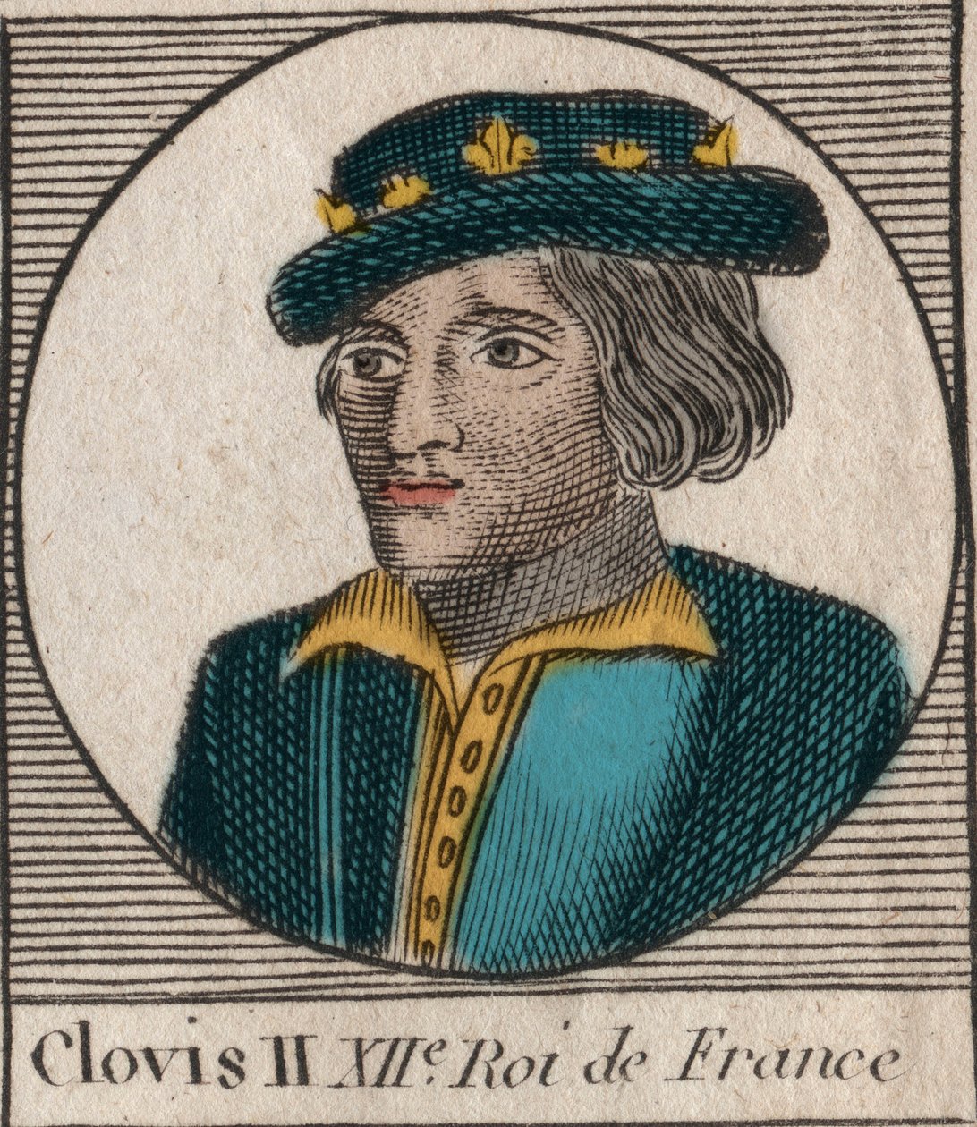 Retrato de Clodoveo II, Rey de los Francos (c.633-657) - Clodoveo II (c.634-657), rey merovingio de Neustria y Borgoña (639-657) - grabado de 