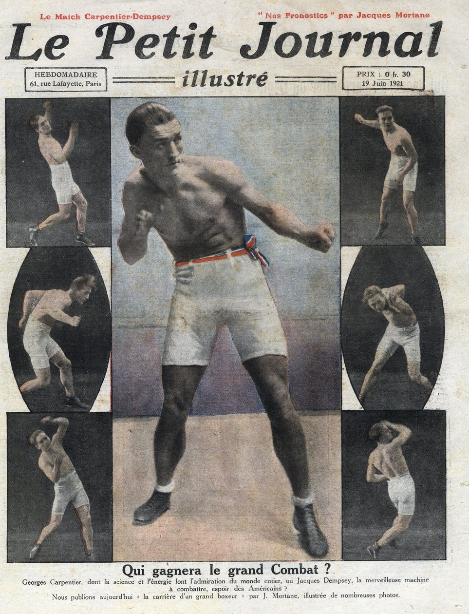 Retrato del boxeador francés Georges Carpentier que luchará contra el boxeador estadounidense Jack Dempsey por el título de Campeón del Mundo. Ilustración tomada de “Le petit journal illustrious” del 19/06/1921. Colección privada de Anonymous Anonymous