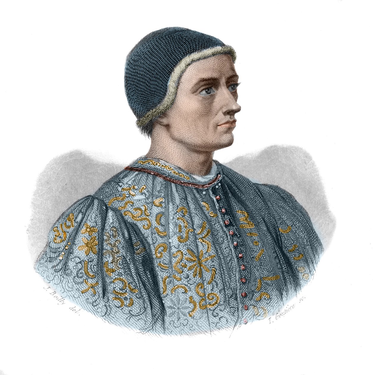 Retrato de Jacques Coeur (1395-1456) argentier del rey Carlos VII y hombre de negocios francés en "Retratos e historia de hombres útiles: hombres y mujeres de todos los países y de todas las condiciones, que han adquirido derechos al reconocimiento de los  de Anonymous Anonymous