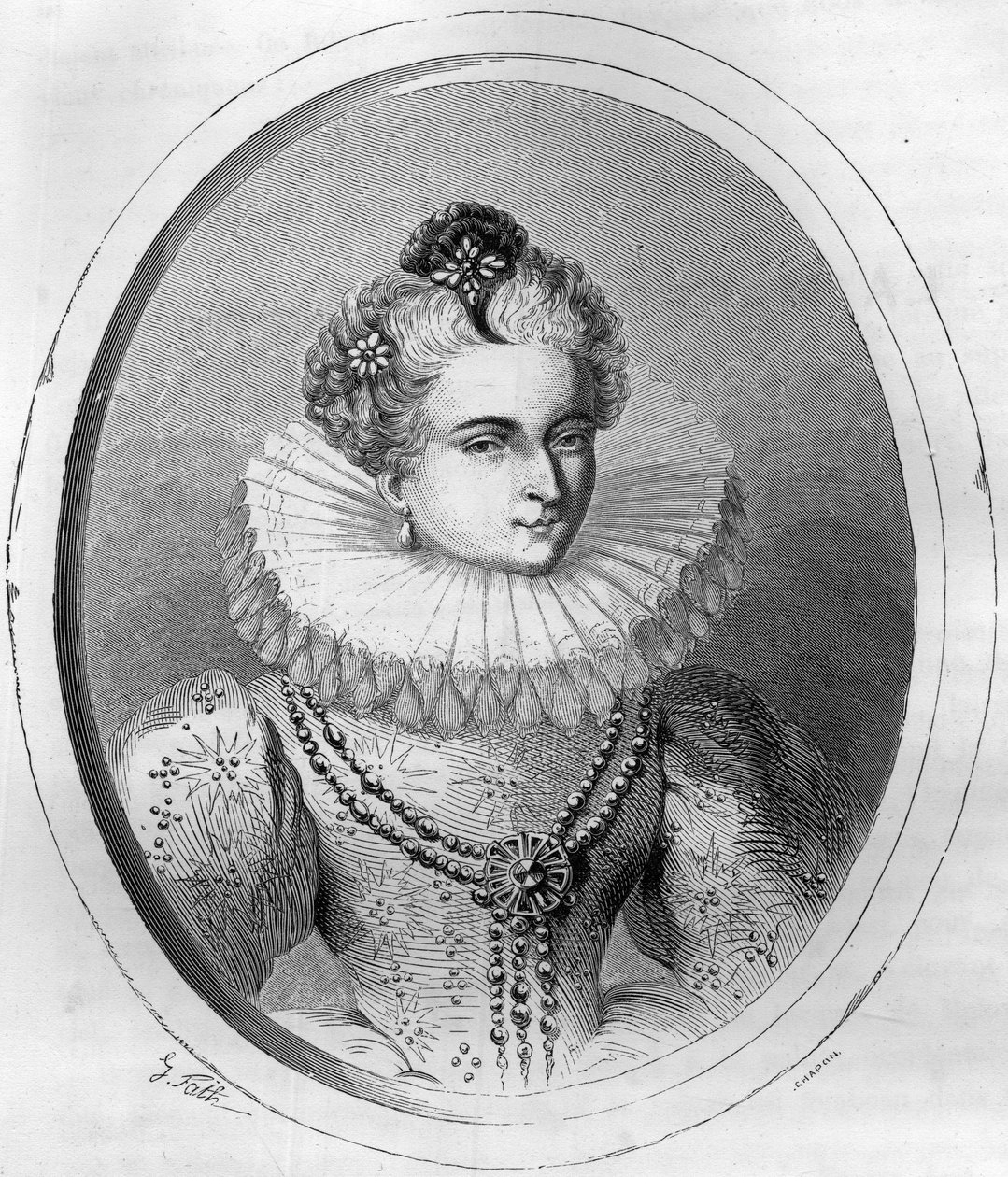 Retrato de Leonora Dori (o Dosi) llamada Galigai, mariscala de Anchre (1568-1617) - Grabado de 1863 en "The Red Book - History Of The Scaffaud in France" de Dupray de La Maherie de Anonymous Anonymous