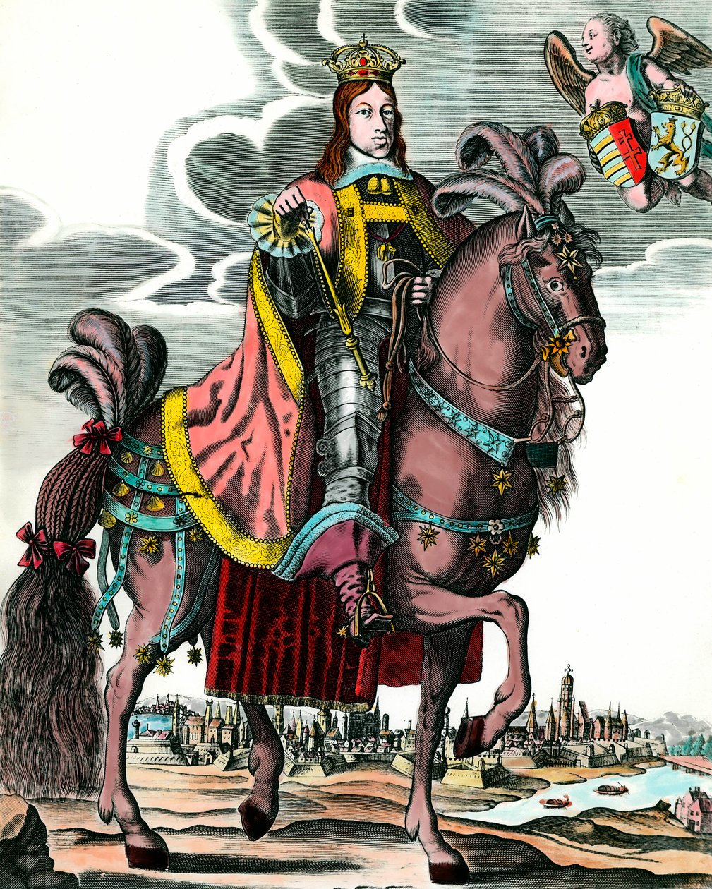 Retrato de Leopoldo I, Emperador del Sacro Imperio Romano - Retrato ecuestre de Leopoldo I (1640 - 1705) Rey de Hungría, Bohemia, Dalmacia, Croacia y Emperador Germánico. Grabado del siglo XVII. Colección privada de Anonymous Anonymous