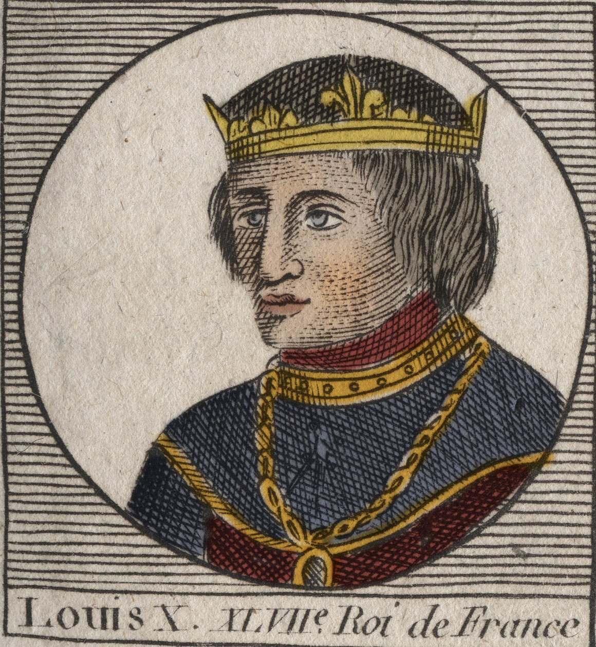 Retrato de Luis X el Obstinado (1289 - 1316), Rey de Francia - Luis X (1289-1316) el Obstinado, Rey de Francia y Navarra - grabado de “Instruction sur l