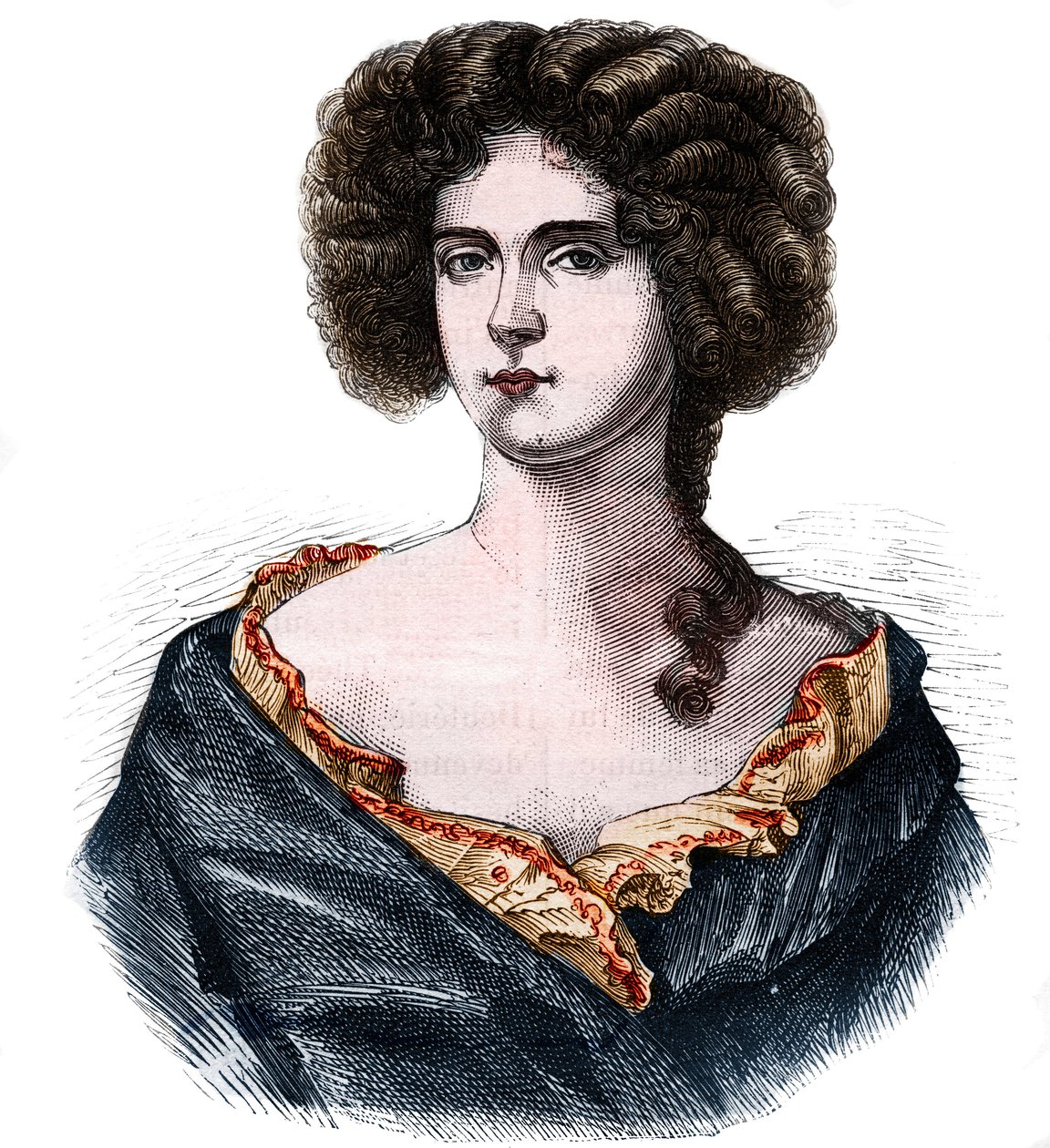 Retrato de Louise de Keroualle (1649-1734), duquesa de Portsmouth y amante de Carlos II (1630-1685). Grabado en "Histoire de la prostitution et de la debauche dans les peuples du globe depuis l