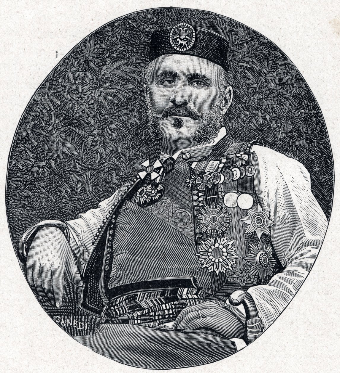 Retrato de Nicolás I de Montenegro (Nikola I Petrovic-Njegos) (1841-1921), Príncipe de Montenegro y las Berda. Grabado en “Les Missions Catholiques au XIXeme Siecle” por Louis-Eugene Louvet. Colección privada. de Anonymous Anonymous