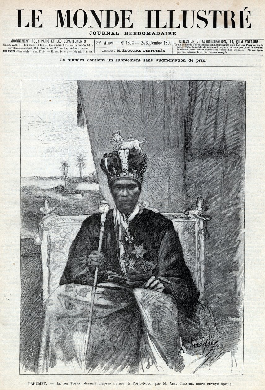 Retrato de Tofa I (Toffa) (circa 1850-1908), rey de Dahomey (Benín) en Porto Novo (Porto-Novo). Un periódico. Grabado en “Le monde illustree” de 1892. Colección privada de Anonymous Anonymous