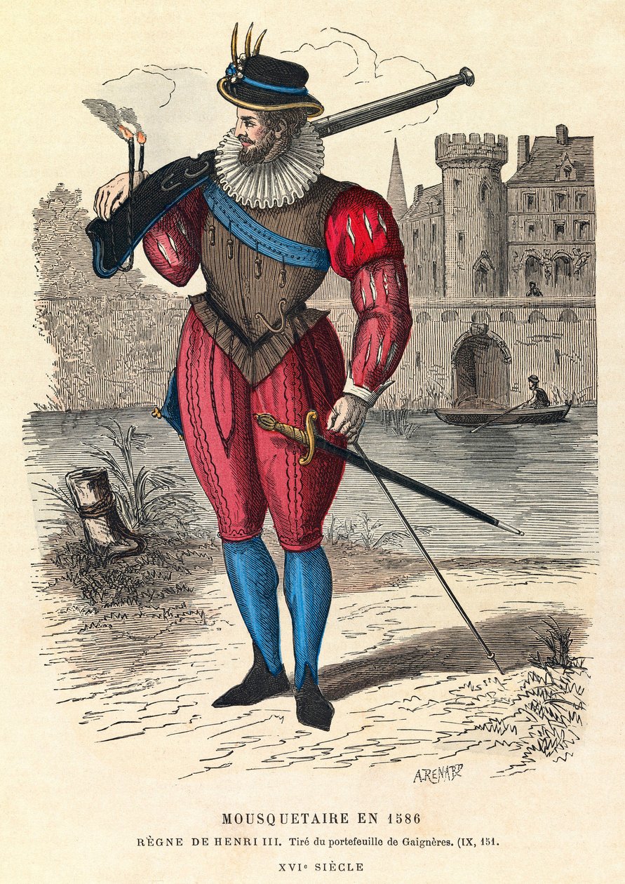 Retrato de un mosquetero en 1586 en París (bajo el reinado del Rey Enrique III), grabado, colección privada de Anonymous Anonymous