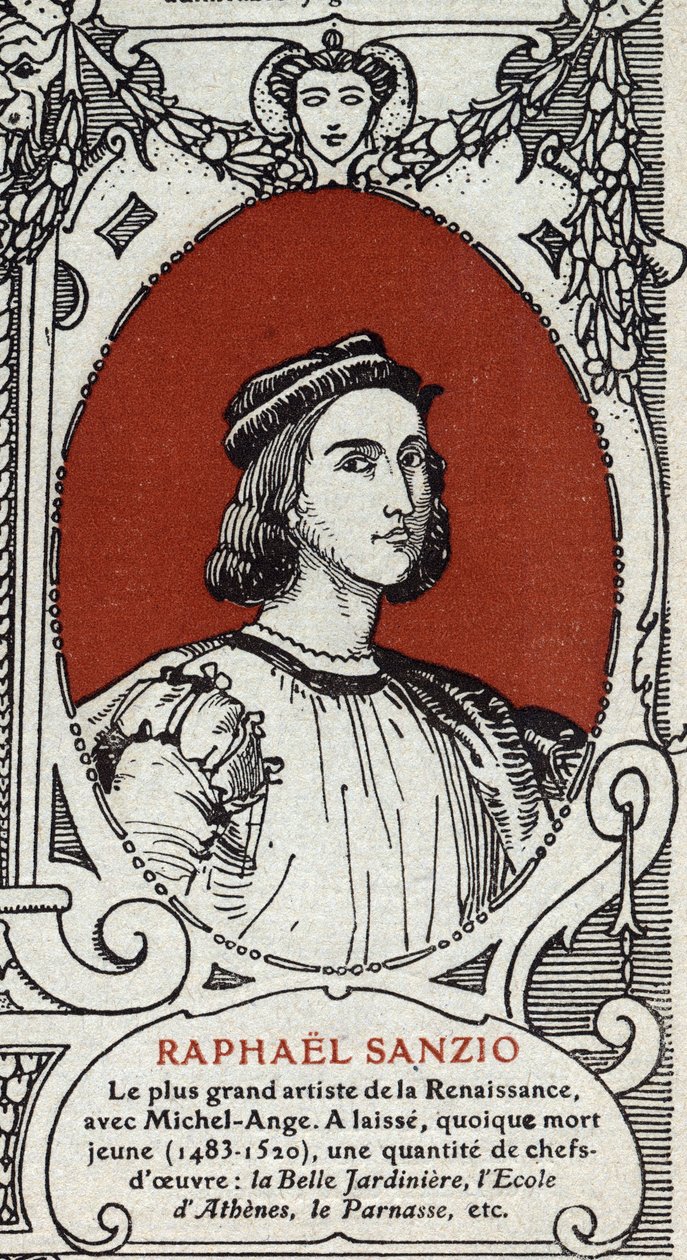 Retrato del pintor renacentista italiano Rafael (Raffaello Sanzio 1483-1520). Grabado de 1914. Colección privada. de Anonymous Anonymous