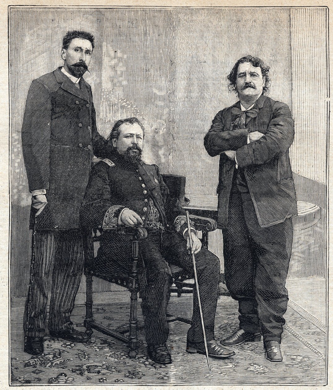 Retrato de los tres "Académicos": Marius Tournade, Achille Le Roy y Maxime Lisbon (1839-1905) que querían ridiculizar a la Academia Francesa. Grabado en "Le Petit Parisien" el 4/06/1893 de Anonymous Anonymous