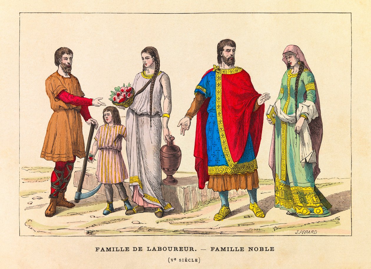 Retratos y vestimentas de una familia de labradores y una familia noble en el siglo V, grabado, colección privada de Anonymous Anonymous