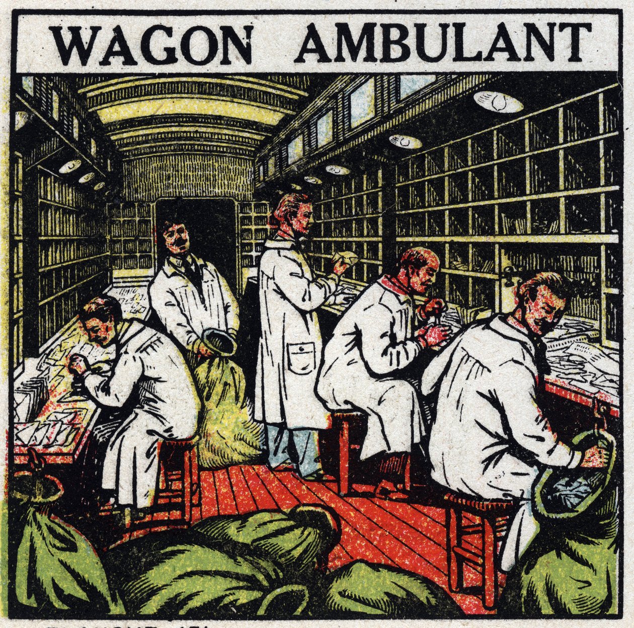 Oficina de correos: oficina de correos ambulante en un vagón de tren. Ilustración anónima de 1925. Colección privada. de Anonymous Anonymous