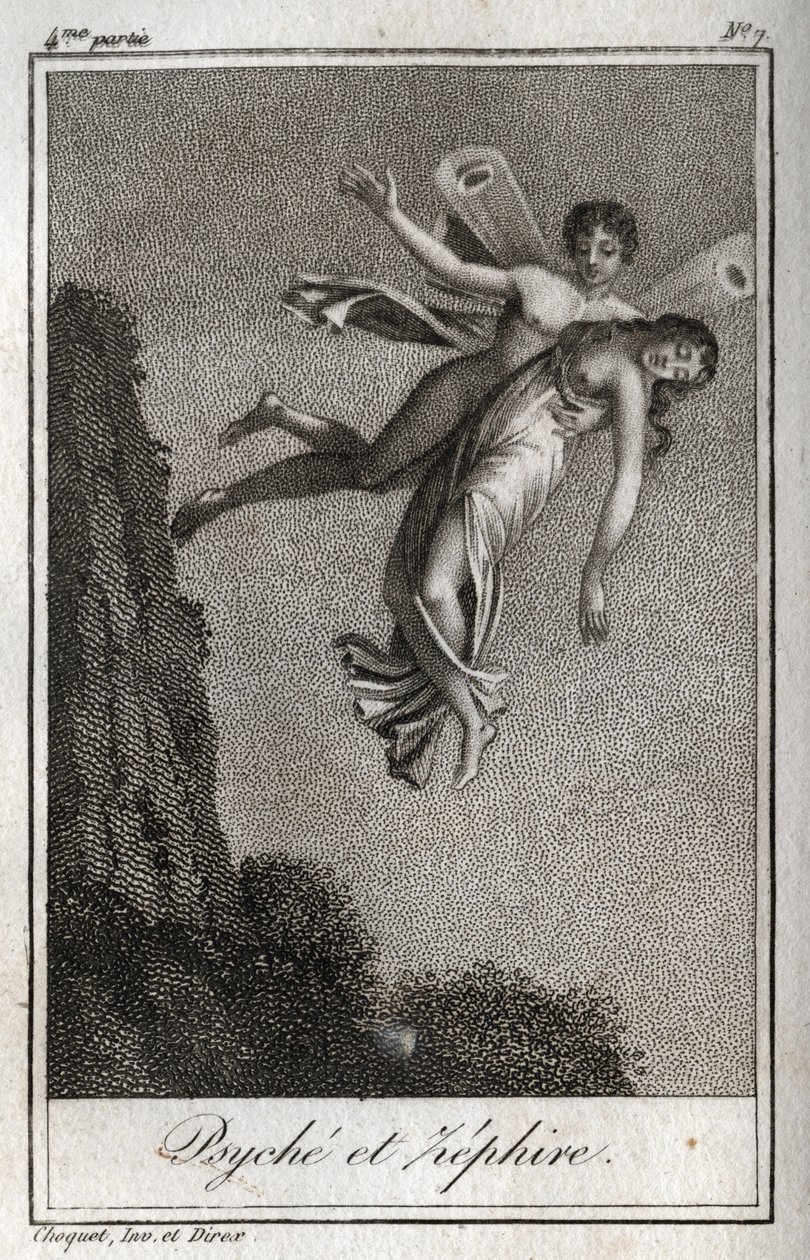 Psique llevada por el Céfiro. Grabado de 1819 en "Lettres a Emilie sur la mythologie" de Charles Albert Demoustier (1760-1801). Colección privada. de Anonymous Anonymous