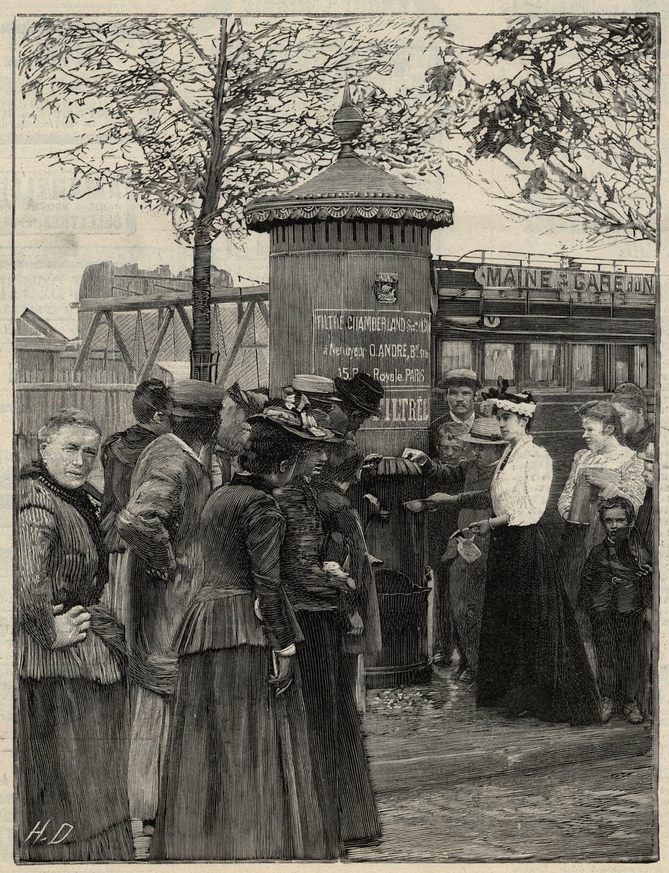 Higiene pública: habitantes de París usando una de las fuentes de agua filtrada instaladas en el distrito 15. Estas fuentes tienen un filtro del sistema Chamberland Pasteur. Grabado en 