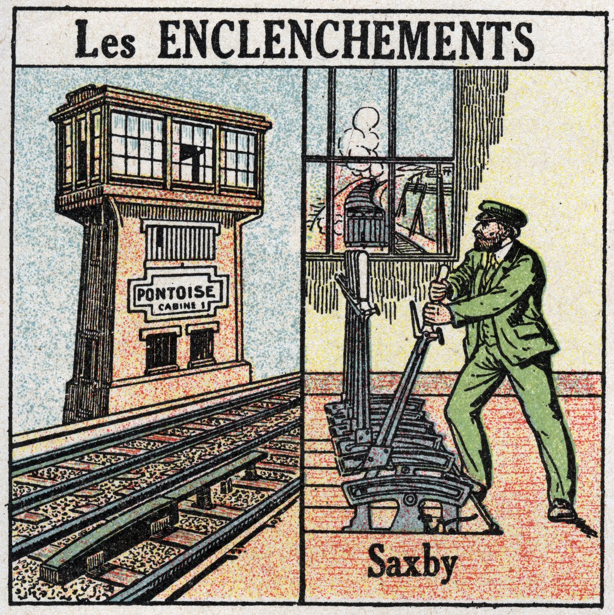 Ferrocarriles: enclavamiento. Un ferrocarril usando una estación de palancas individuales Saxby. Ilustración anónima de 1925. Colección privada. de Anonymous Anonymous