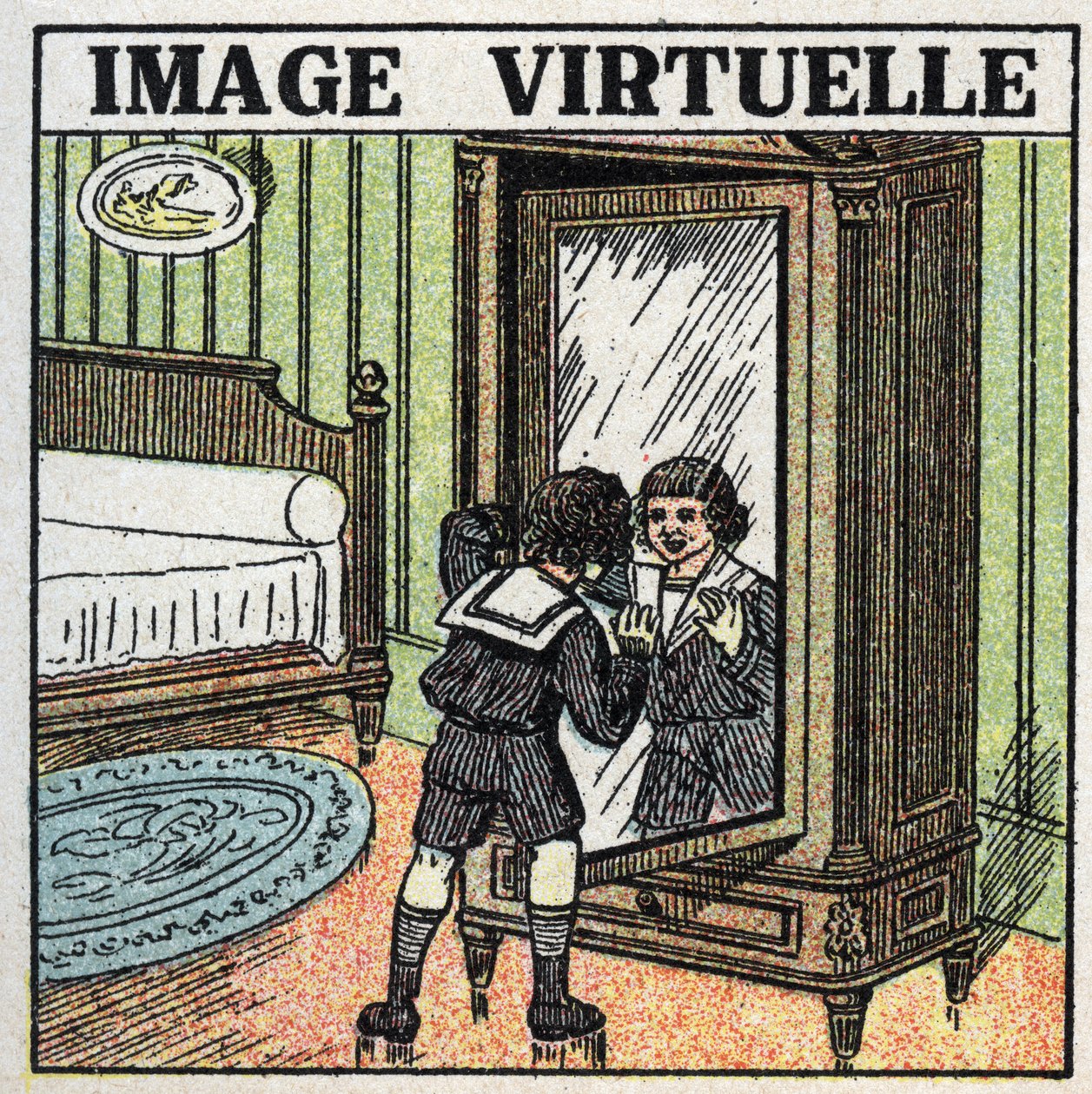 Reflexión de la luz: imagen virtual. Un niño contemplando su reflejo en un espejo. Ilustración anónima de 1925. Colección privada. de Anonymous Anonymous